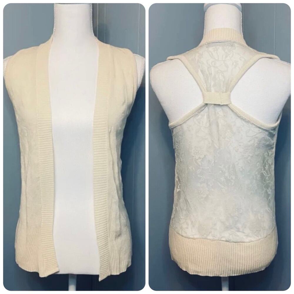 Sweet N Sinful Beige Sleeveless Open Front Cardigan Size Medium Lace Back